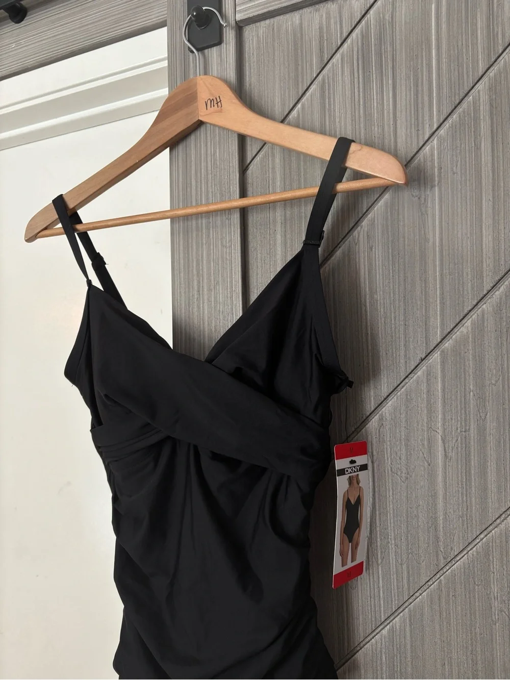 NWT DKNY Black One-Piece Twist Wrap Front Swimsuit Size Medium - Picture 3 of 12
